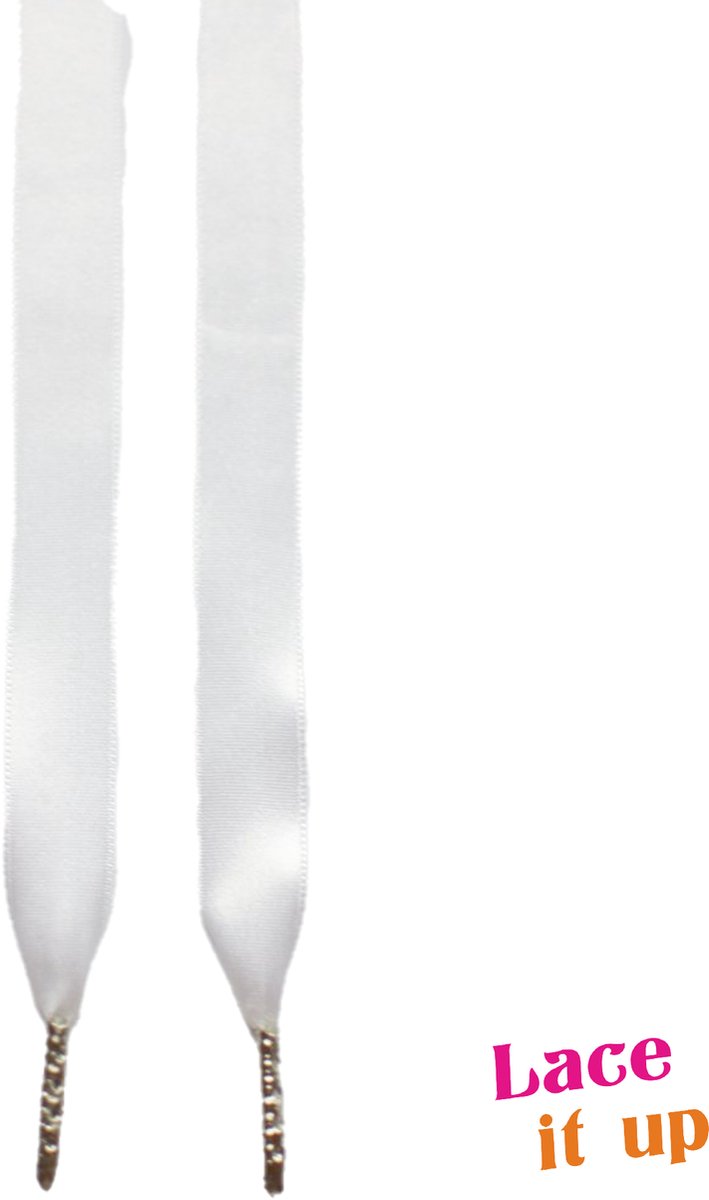Handgemaakte schoenveters Lace It Up plat satijn luxe - wit breed - 120cm zilveren nestels wandelschoenen, werkschoenen