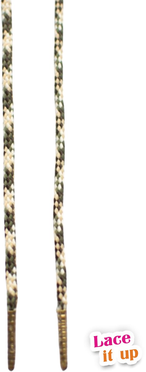 Schoenveters rond koord - groen met beige gestreept - 120cm met bronzen nestels veters rond veters voor wandelschoenen, werkschoenen en meer