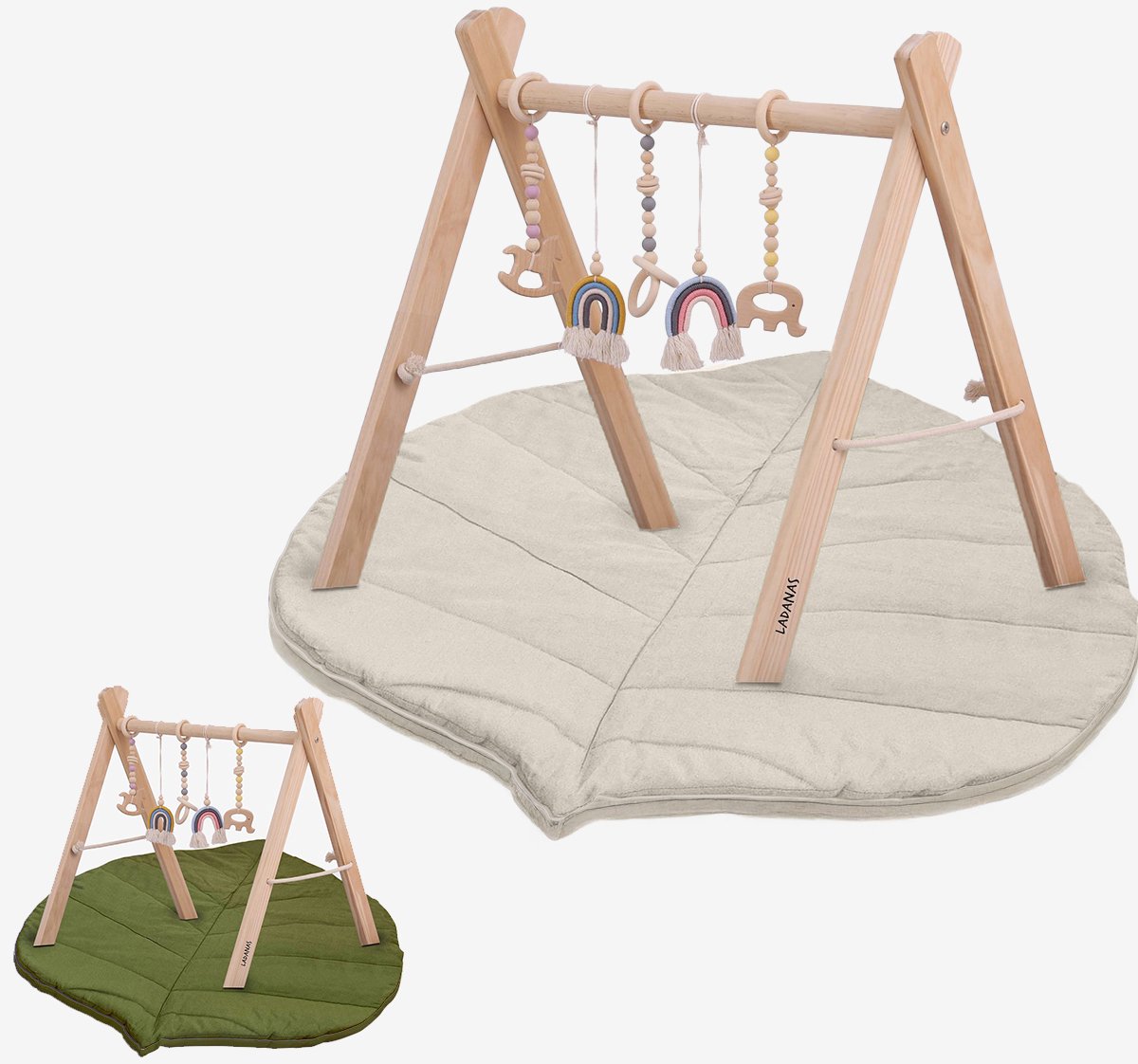 Babygym incl. 5 speeltjes & DUBBELZIJDIGE Speelmat – Babygym hout – Stevige & Veilige constructie – vanaf 0+ maand