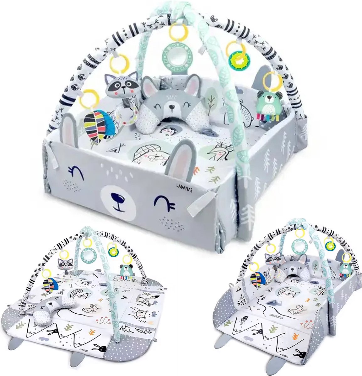 Multifunctioneel Speelkleed Baby + Buikligtrainer - Babygym met AANPASBARE WANDEN - Speelmat met Boog - Incl. 20 Ballen + 5 Speeltjes - Vanaf 0m+