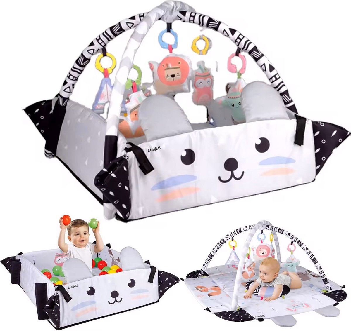 Multifunctioneel Speelkleed Baby + Buikligtrainer - Babygym met AANPASBARE WANDEN - Speelmat met Boog - Incl. 30 Ballen + 4 Speeltjes - Vanaf 0m+