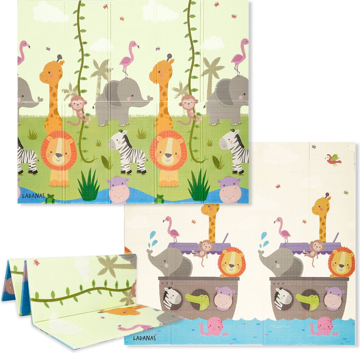 OPVOUWBARE Baby Speelmat - DUBBELZIJDIG Speelkleed incl. opbergtas - 180x200x1,5cm - Foam mat - Jungle/Boat