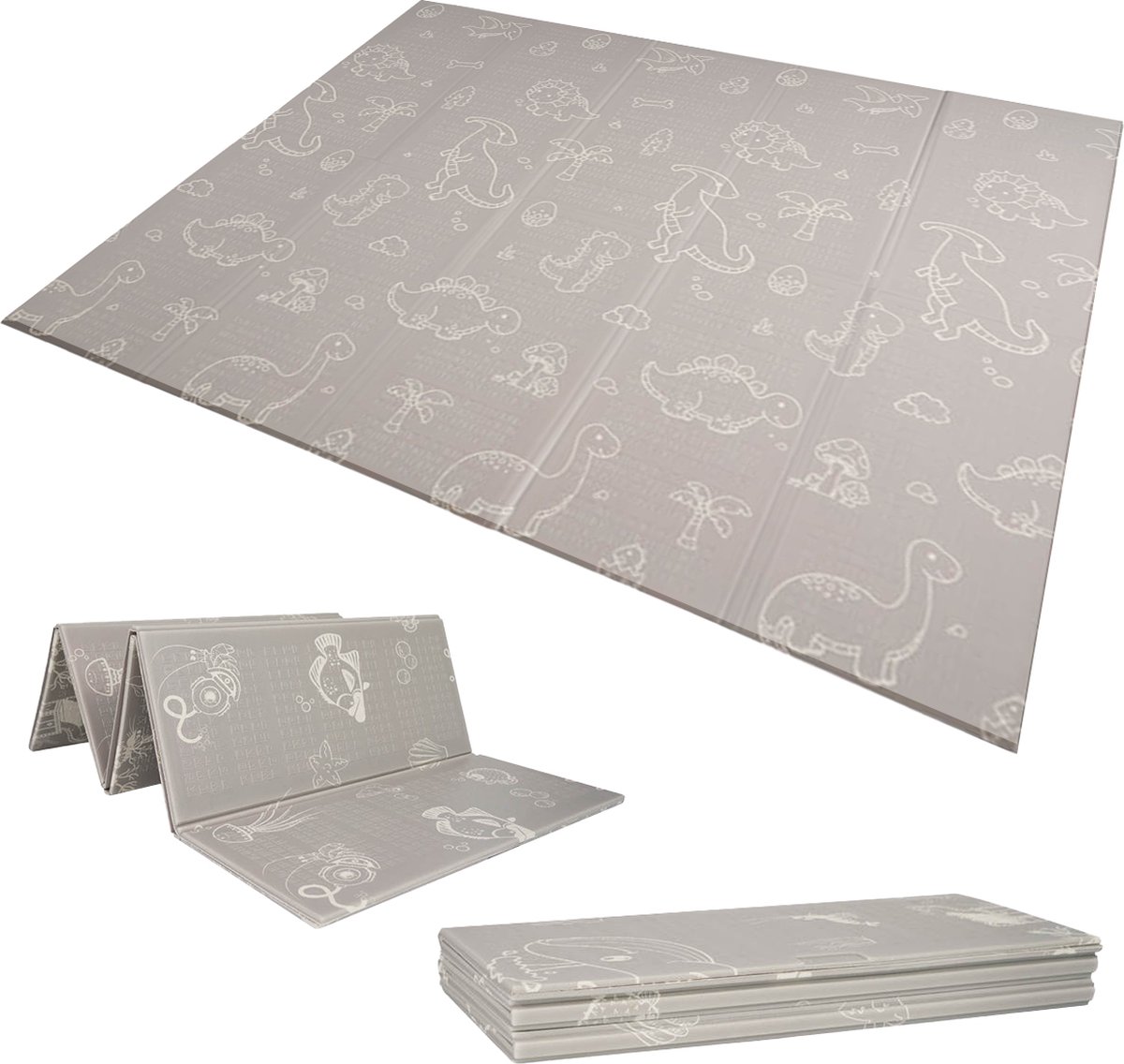 OPVOUWBARE Baby Speelmat - DUBBELZIJDIG Speelkleed incl. opbergtas - 180x200x1cm - Foam mat - Oceaan/Dino - Grijs