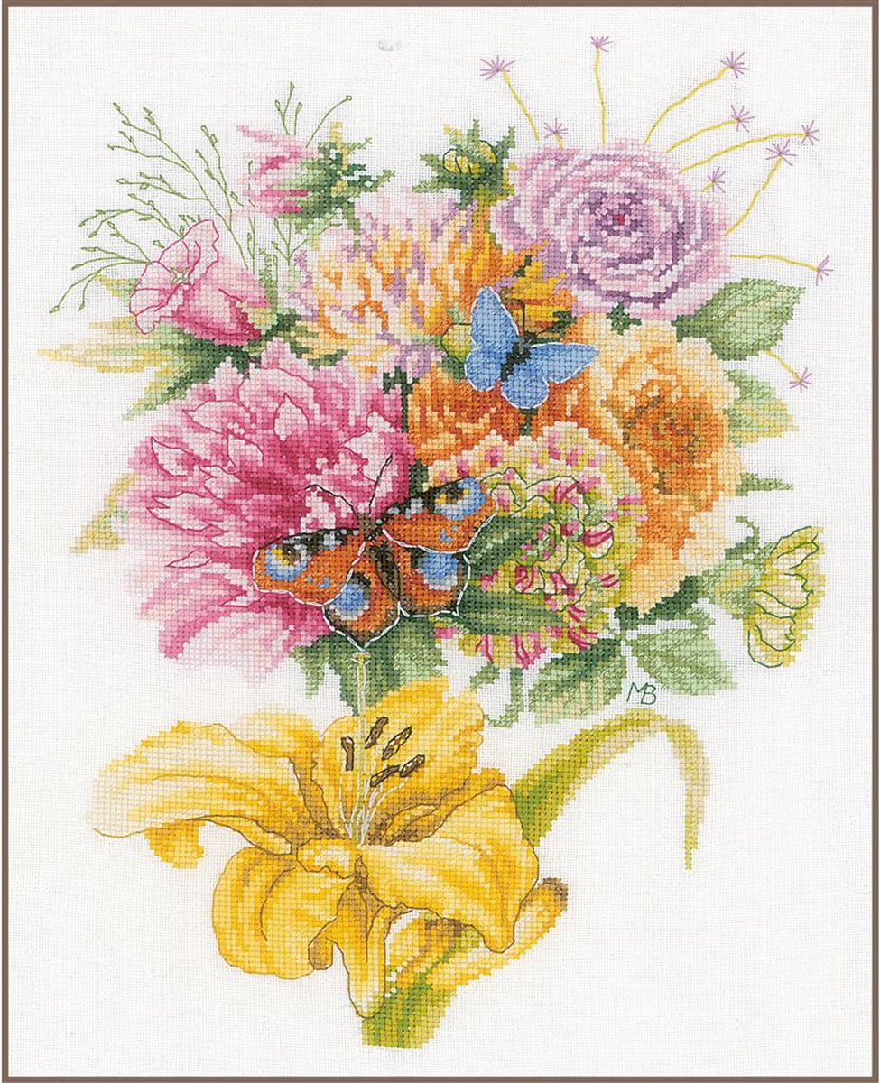 borduurpakket PN0202550 marjolein bastin, fleurig boeket met vlinders