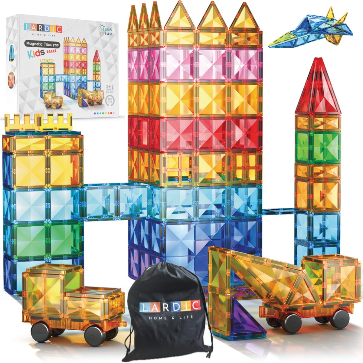 Lardic - Magnetic Tiles - Magnetisch Speelgoed - XL pakket - Bouwspeelgoed - Bouwblokken - Magneten Speelgoed - Magna Magnetische Tegels - Bouwstenen - Montessori Speelgoed - Mind Educatief Constructie Speelgoed - met E-book