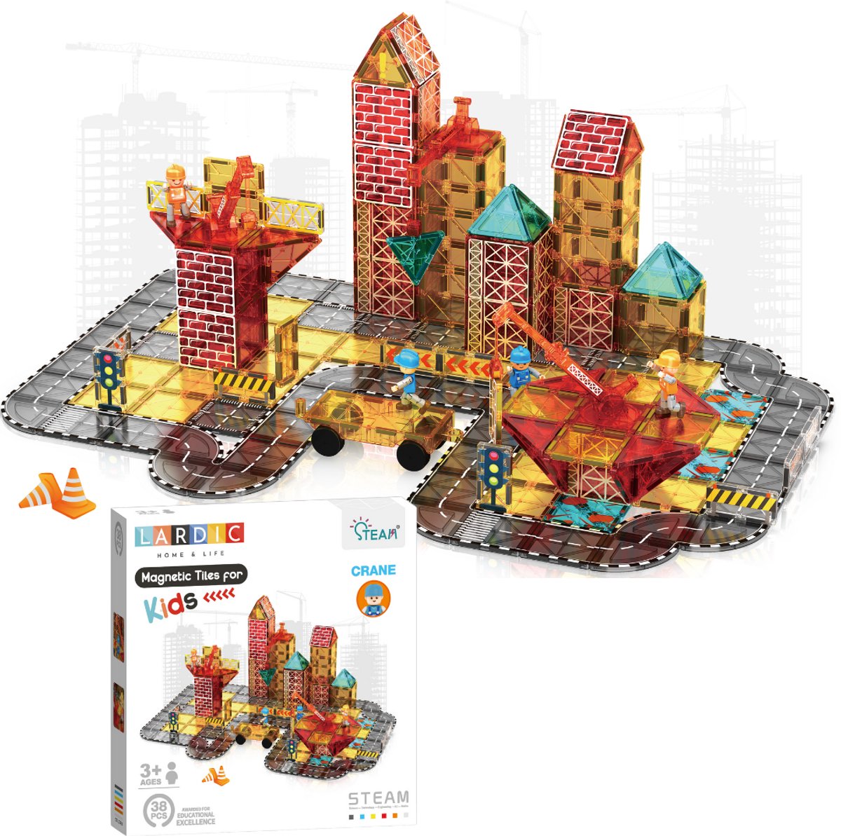 Lardic - Magnetisch Speelgoed Bouwplaats Set 38 pcs - Magnetic Tiles - Bouwspeelgoed - Bouwblokken - Magneten Speelgoed - Magnetische Tegels - Magna - Bouwstenen - Montessori Speelgoed - Mind Educatief Constructie Speelgoed