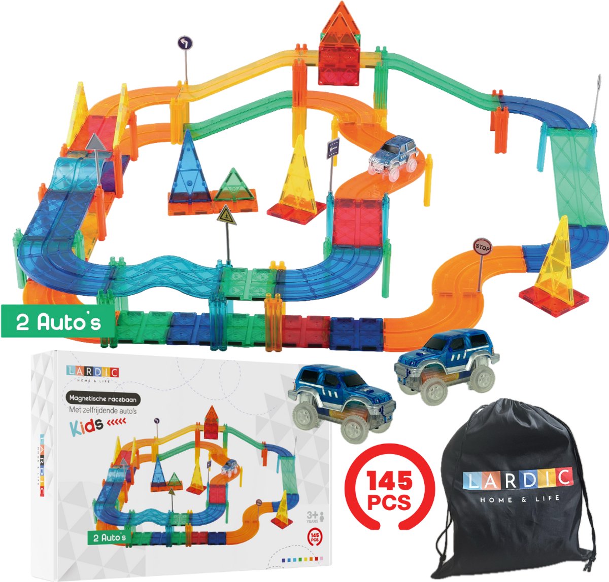 Lardic Magnetisch Speelgoed Racebaan - 145 Stuks - Magnetic Tiles - Bouwspeelgoed - Bouwblokken - Magna - Magneten Speelgoed - Magnetische Tegels - Bouwstenen - Montessori Speelgoed - Educatief Speelgoed - Jongens & Meisjes