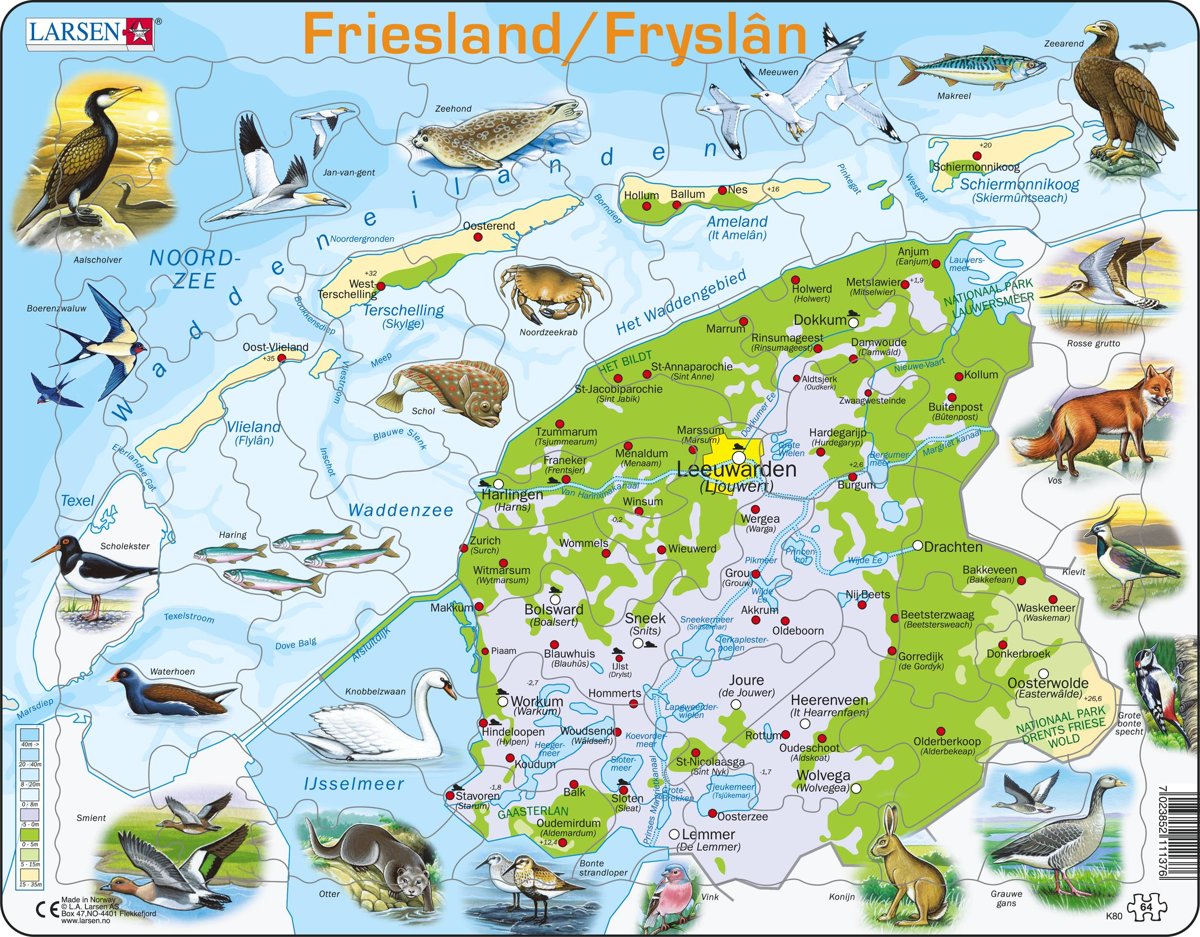Puzzel Maxi Kaart - Friesland Geografisch met Dieren - 64 stukjes