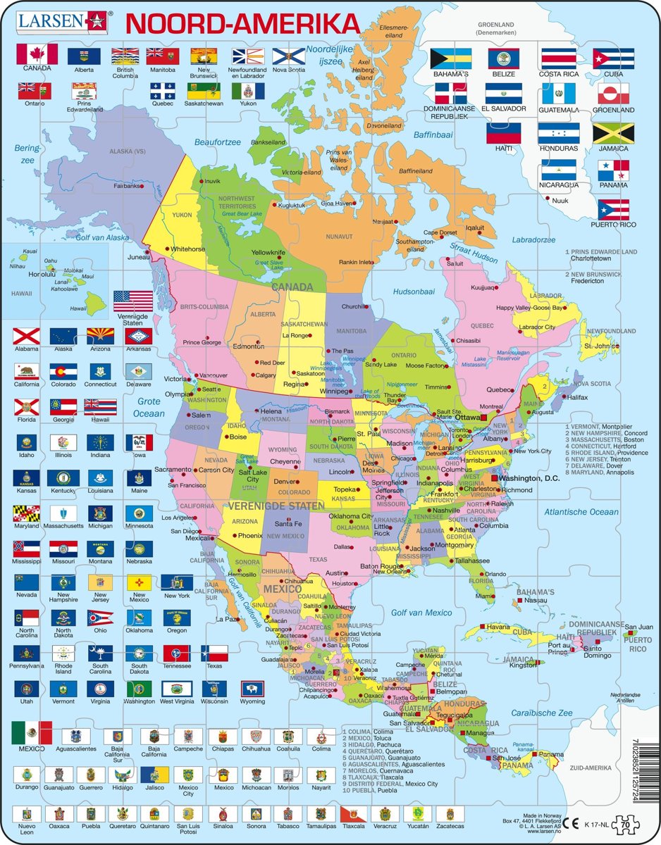 Puzzel Maxi Kaart - Noord Amerika met staten en vlaggen - 70 stukjes