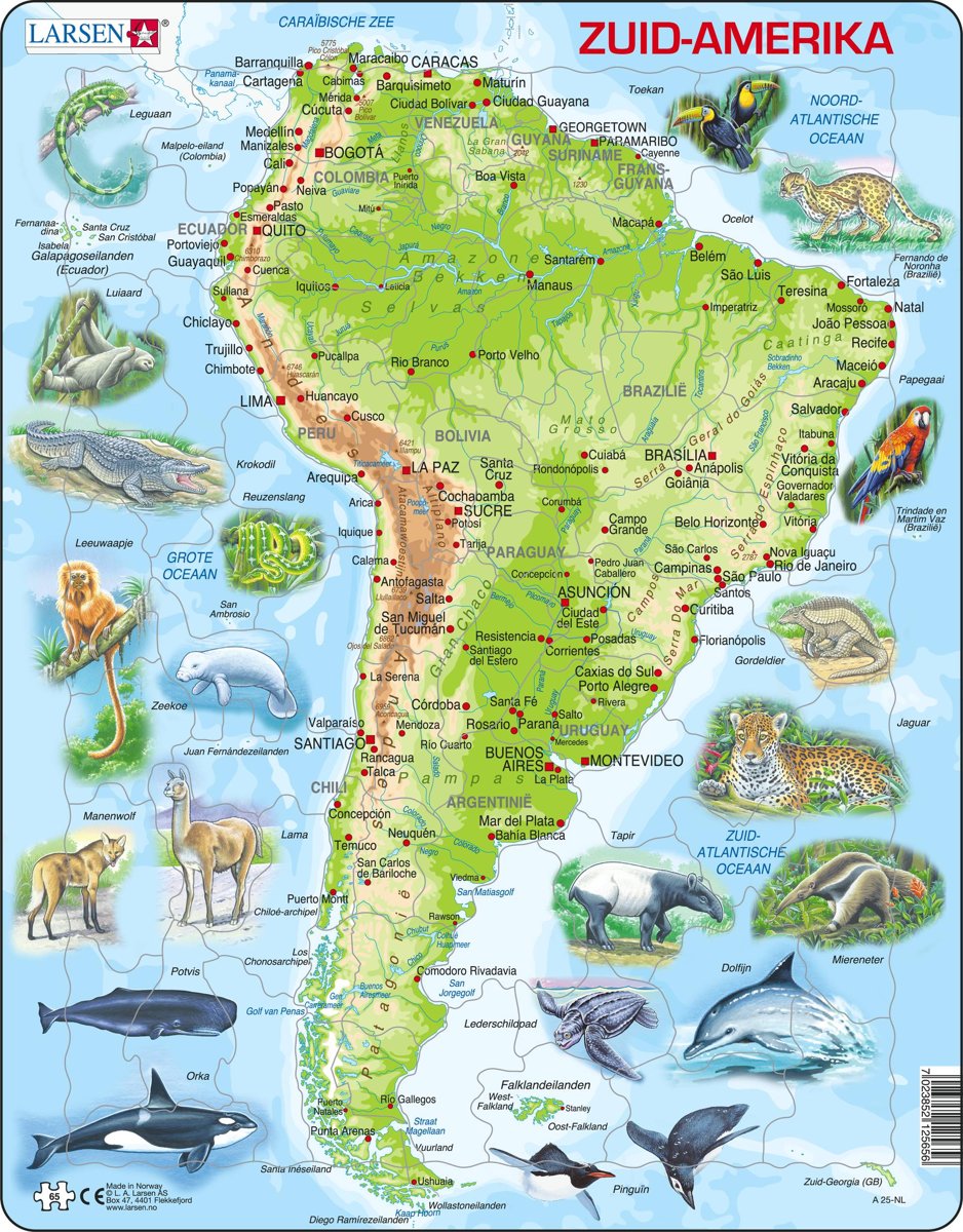 Puzzel Maxi Kaart - Zuid Amerika Geografisch met Dieren - 65 stukjes