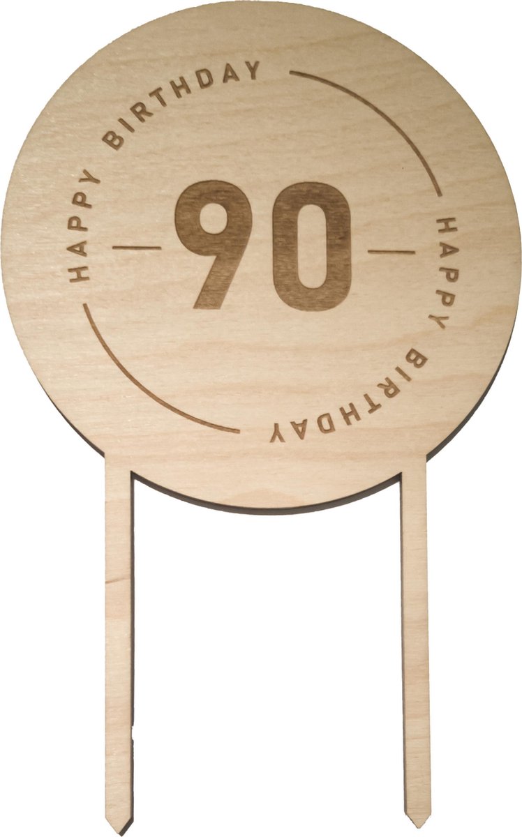 Houten Taarttopper 90 jaar - Taart decoratie verjaardag - Happy Birthday
