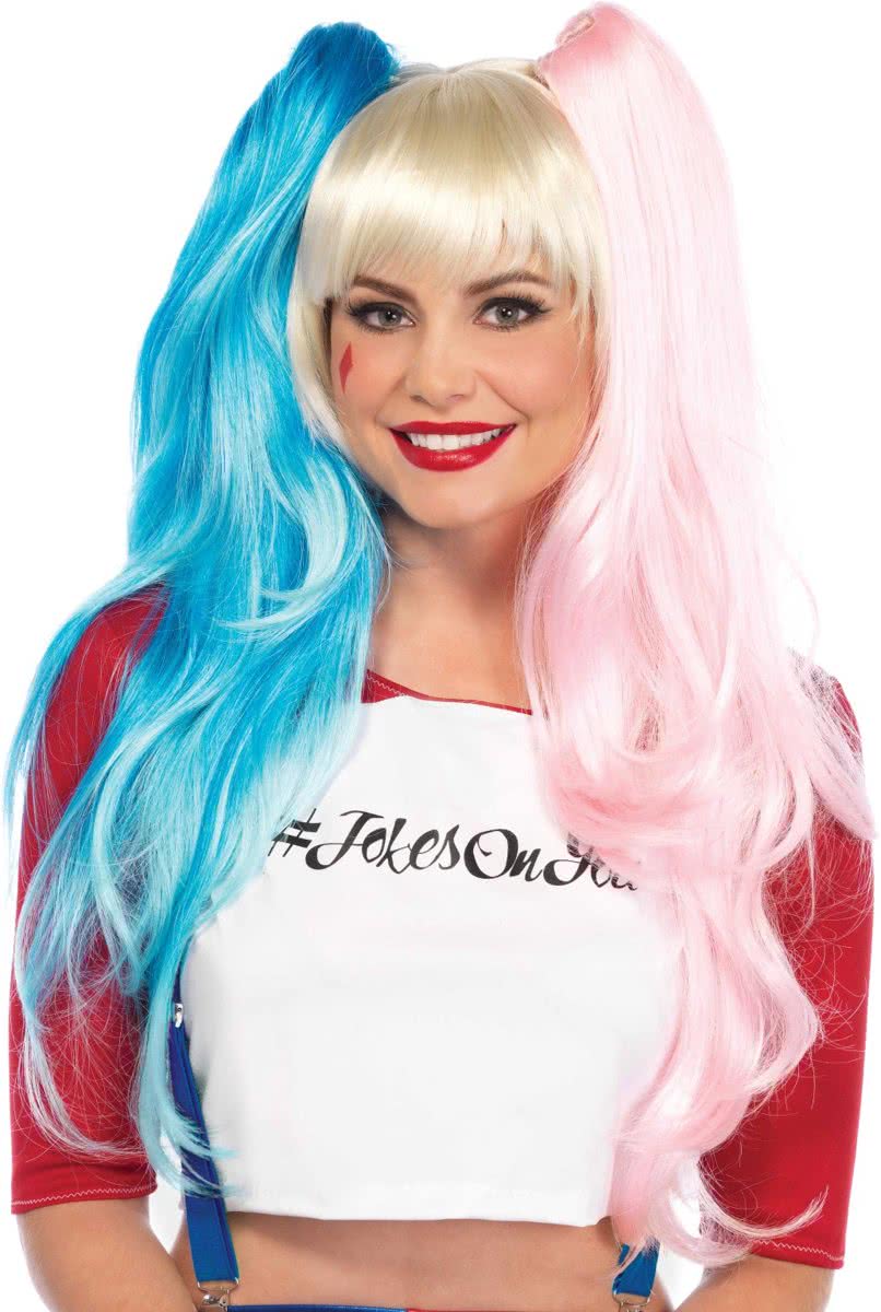 Harely Quinn pruik met roze en blauwe staarten (verwijderbaar) - Harlekijn haar