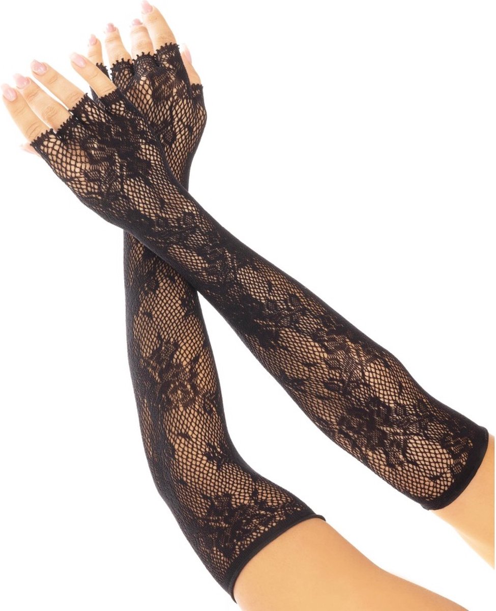 Leg Avenue - Floral Net Fingerless Kostuum Handschoenen - Zwart