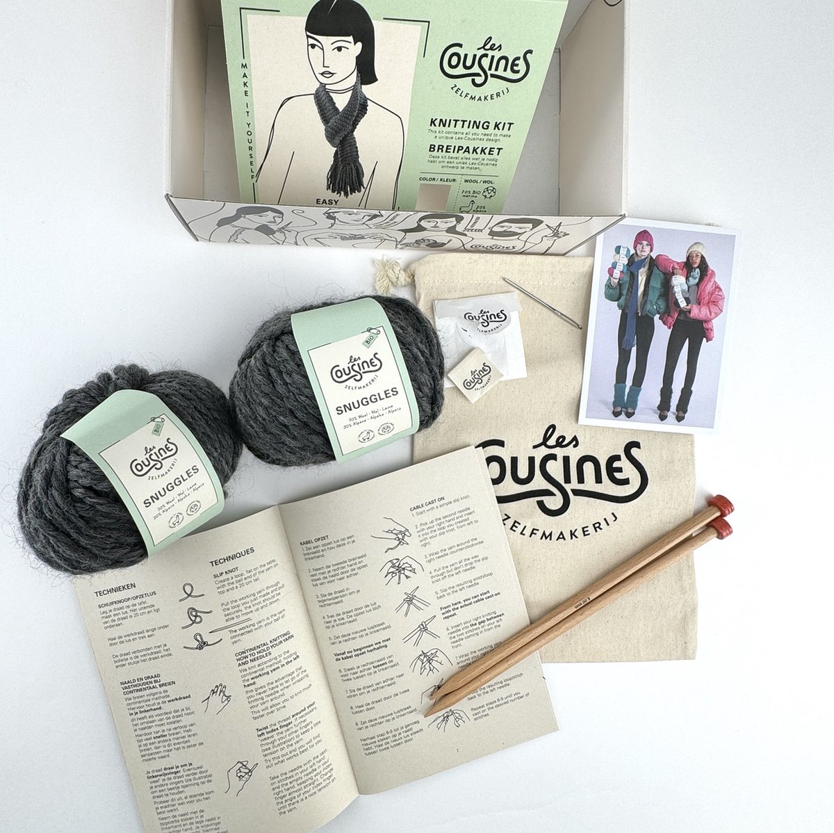 Breipakket - Les Cousines - breien voor beginners - sjaaltje breien - duurzaam garen - kleur charcoal