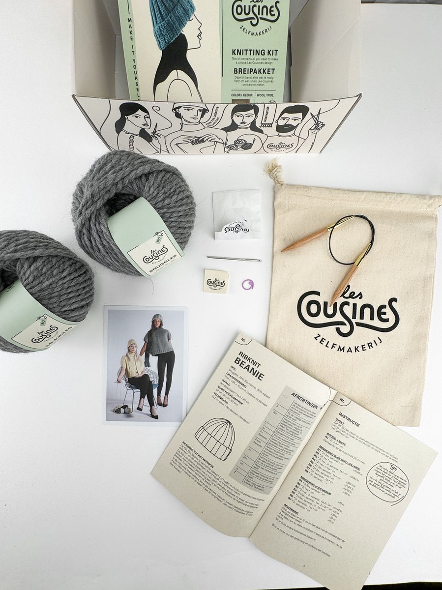 Les Cousines zelfmakerij- Breipakket all-in - Rib-Knit Beanie – eenvoudige muts rondbreien - 100% wol - Grijs