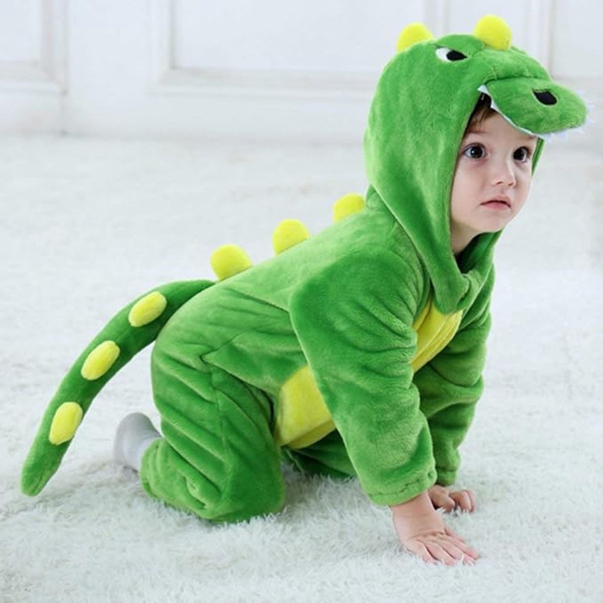 Dino Romper Unisex - Jumpsuit - Pyjama - Capuchon - Kostuum - Kinderen - Dierenpak - Kruippak - Bruin - Maat 90 12/20 Maand