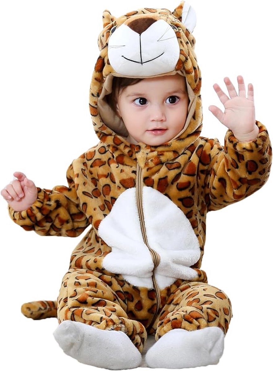 Panter Romper Unisex - Jumpsuit - Pyjama - Capuchon - Kostuum - Kinderen - Dierenpak - Kruippak - Bruin - Maat 90 - 12/20 maand