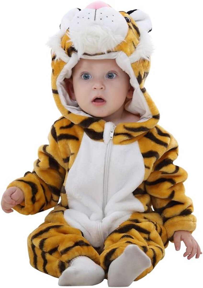 Tijger Romper Unisex - Jumpsuit - Pyjama - Capuchon - Kostuum - Kinderen - Dierenpak - Kruippak - Bruin - Maat 90