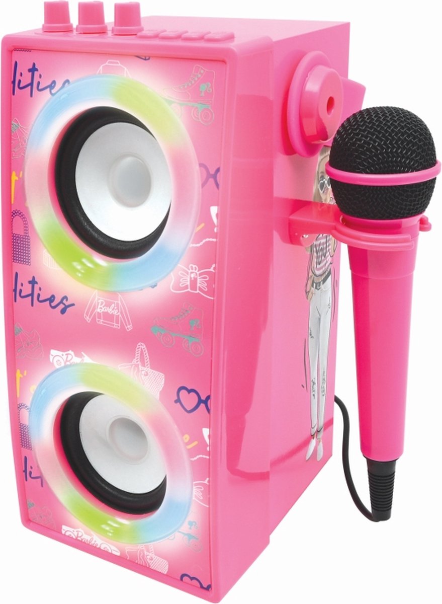 Lexibook Mattel Barbie - Draagbare Bluetooth verlichte luidspreker met microfoon, karaoke, lichteffecten, draadloos, USB, SD-kaart, oplaadbare batterij, roze, BTP180BBZ
