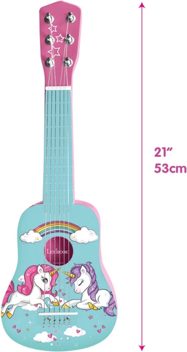 Lexibook  Mijn eerste Eenhoorn houten gitaar, 6 snaren, 53 cm, handleiding inbegrepen, Roze/Blauw, K205UNI