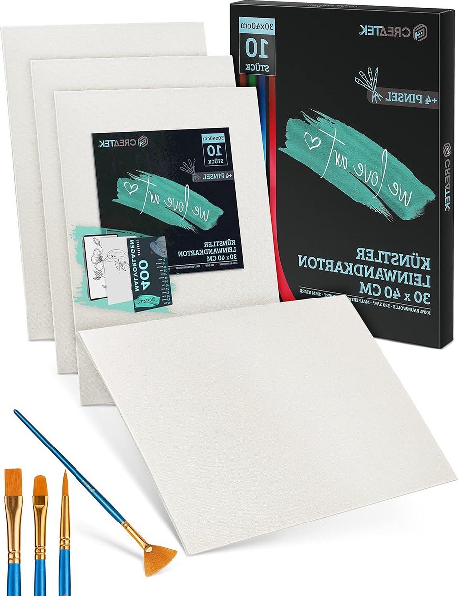 10-pack schilderkarton 30x40cm met acryl video cursus-schilderklaar gegrond-400 schildersjablonen-4 penselen-100% katoen-canvas 30 x 40-premium schilderkarton canvas