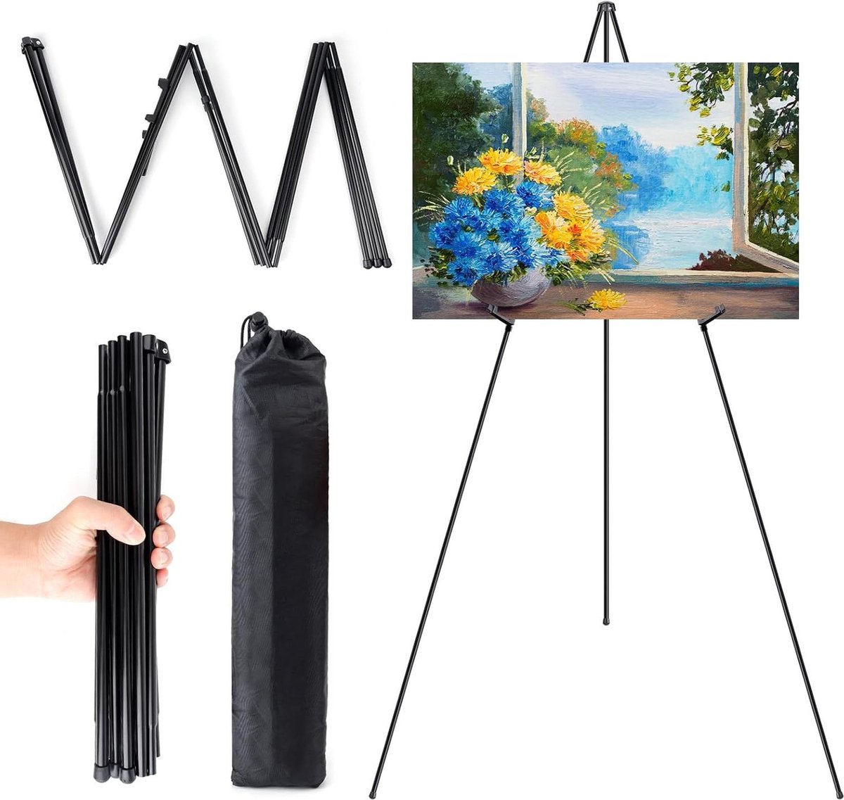 Opvouwbare metalen schildersezelstandaard - verstelbaar - draagbaar - 169 cm - voor schilders canvas poster - zwart
