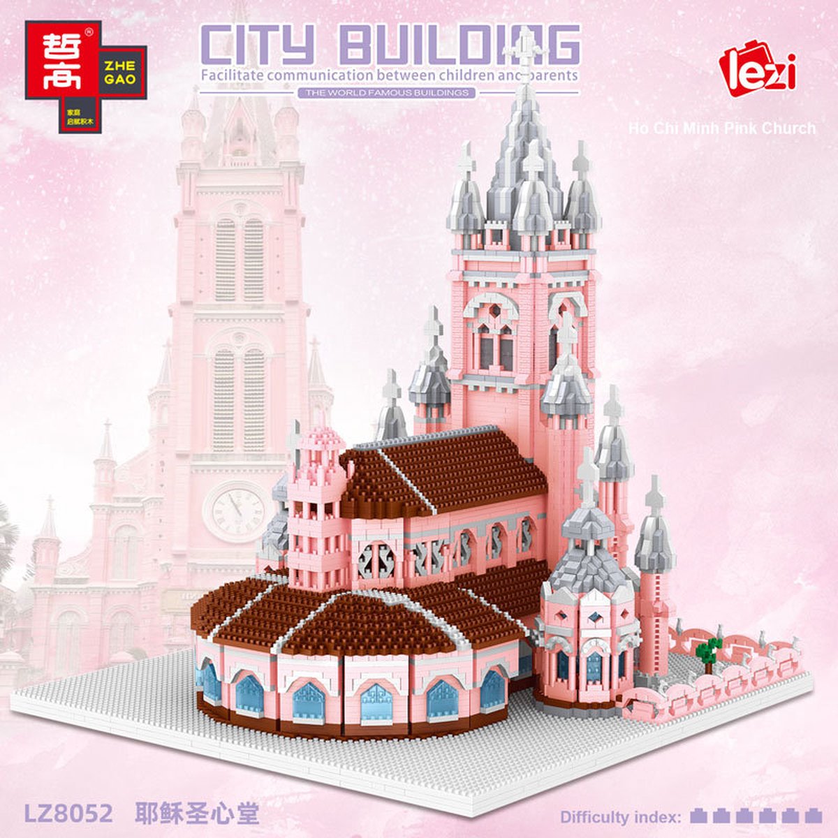 Lezi Heilighartkerk van Jezus - Saigon Vietnam - Pink Church of the Sacred Heart of Jesus - Architectuur / Gebouwen - Nanoblocks / miniblocks - Bouwset / 3D puzzel - 7017 bouwsteentjes