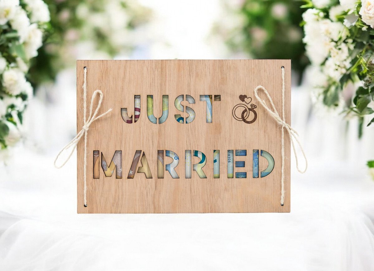 Huwelijkscadeau - Houten bord - Just Married - Geldcadeau - Trouwen - Huwelijk - Hout - Origineel - Wedding - Geschenk - Love - Proficiat met jullie Huwelijk - Bruidspaar - Bruiloft - Geld