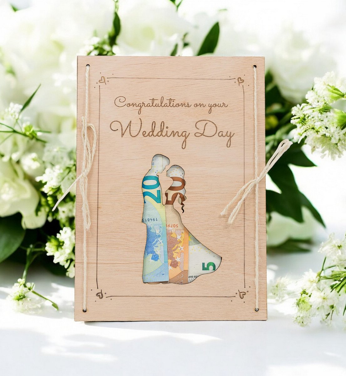 Huwelijkscadeau - Houten bord - Koppel - EN - Just Married - Geldcadeau - Trouwen - Huwelijk - Hout - Origineel - Wedding - Geschenk - Love - Congratulations on your Wedding Day - Bruidspaar - Bruiloft - Vintage
