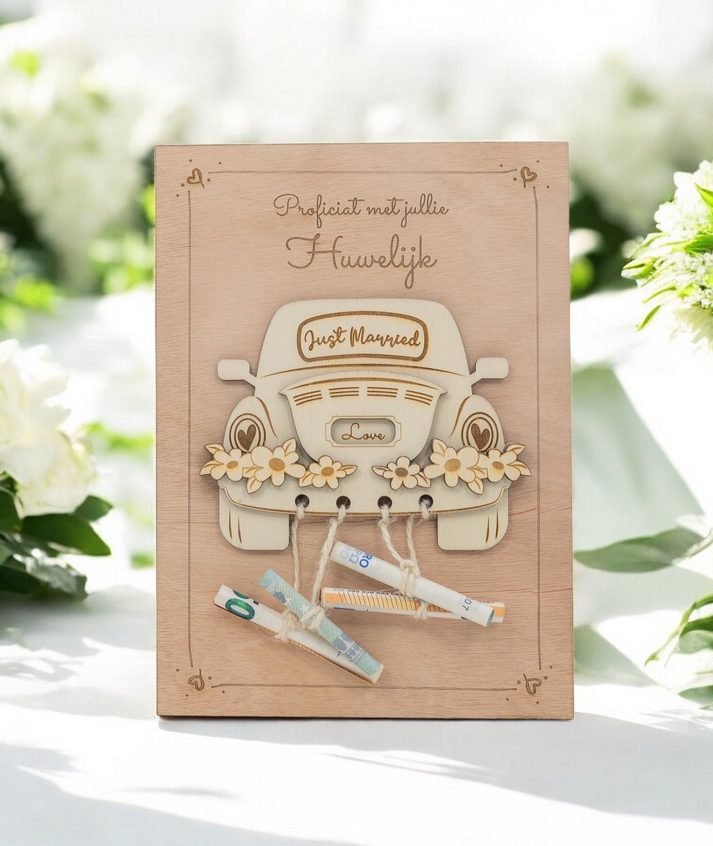 Huwelijkscadeau - Houten bord met auto - NL - Just Married - Auto - Geldcadeau - Trouwen - Huwelijk - Hout - Origineel - Wedding - Geschenk - Love - Proficiat met jullie Huwelijk - Bruidspaar - Bruiloft - Vintage