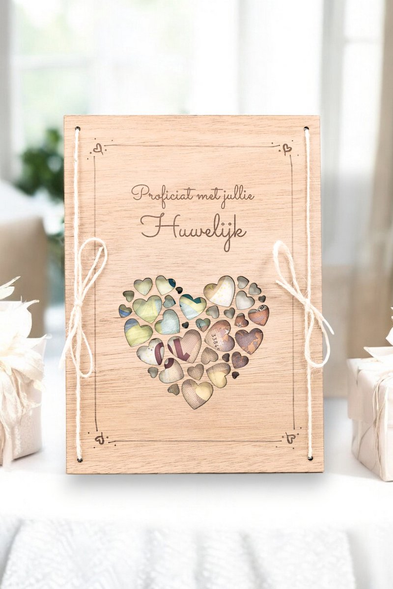 Huwelijkscadeau - Houten bord met hartje - NL - Just Married - Geldcadeau - Trouwen - Huwelijk - Hout - Origineel - Wedding - Geschenk - Love - Proficiat met jullie Huwelijk - Bruidspaar - Bruiloft - Geld