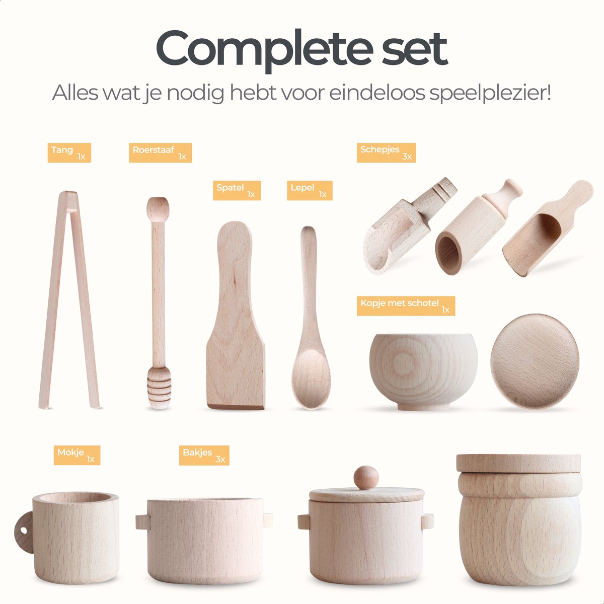 Houten Sensory accessories - Houten Bak - Sensory Play - Kinetic zand - Open einde spel - Montessori Speelgoed - 16 delig