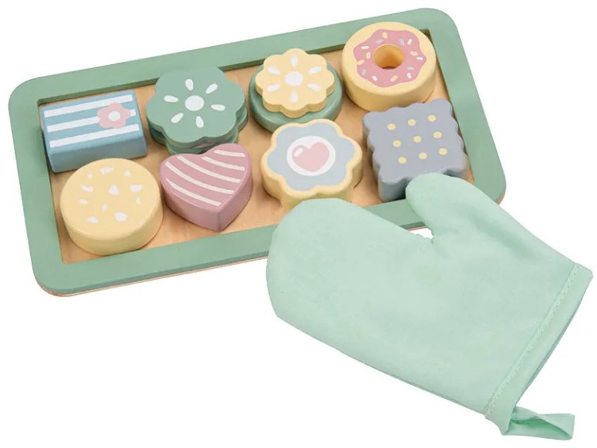 LiasToys - Houten Speelgoed Koekjes Set met Ovenwant - Koekjes Bakken Speelset - 8 Koekjes op Bakplaat - Speelgoed eetset