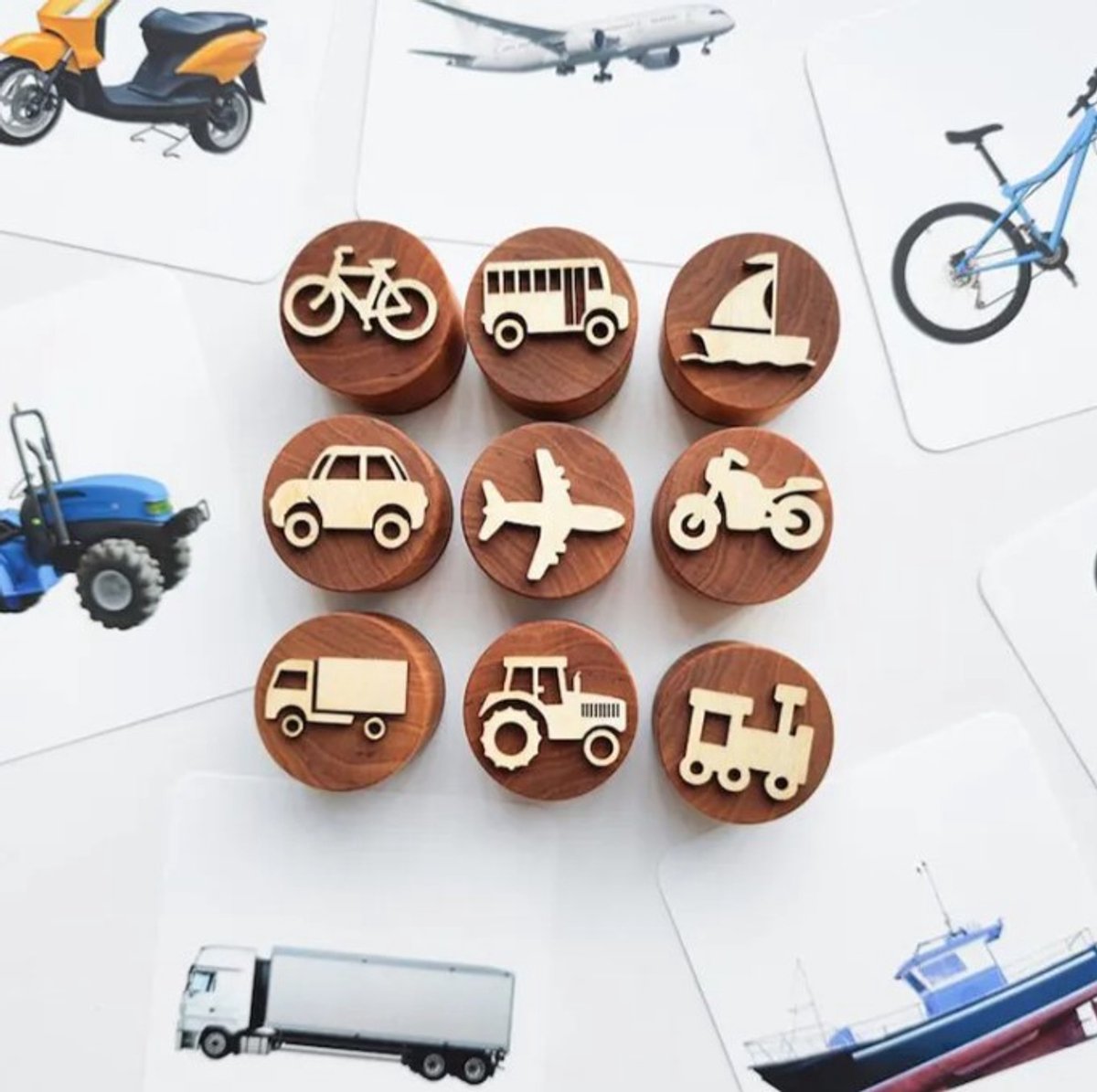 LiasToys -6 Houten stempel - Voertuigen - Stempel set - Speelbak - Speelzand - Montessori - Sensorisch spelen - Zandstempel - Kleistempel - Stempelen - Motoriek