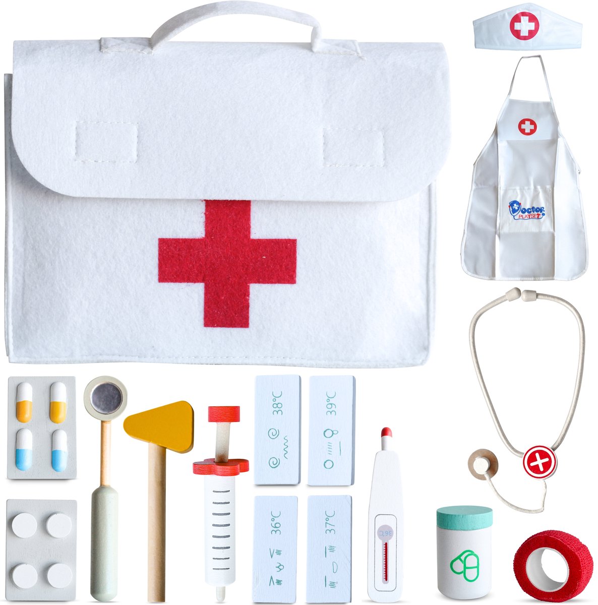 LiasToys Dokterset kinderspeelgoed Speelgoed 3 jaar - 16pcs - Duurzaam Houten Speelgoed voor Kinderen - Dokter speelgoed - Met schort en hoedje