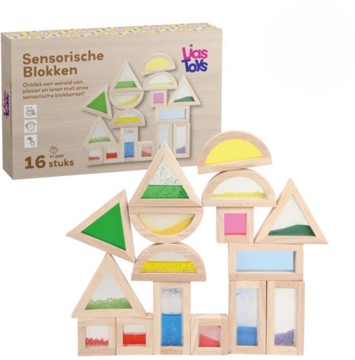LiasToys® - 16 houten sensorische blokken gevuld met gekleurd zand, water en kralen - Montessori speelgoed - Houtenspeelgoed – Montessori Educatief Speelgoed – Sensorisch Open-Ended Speelgoed – Voor Peuters 1–3 jaar