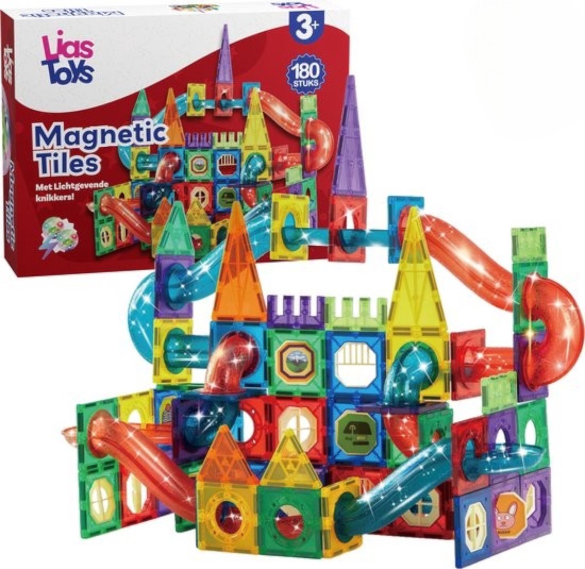  ® - Magnetisch speelgoed - Magnetic tiles - 180stuks -   - Montessori speelgoed - Magnetische Bouwstenen - Lichtgevende knikkers