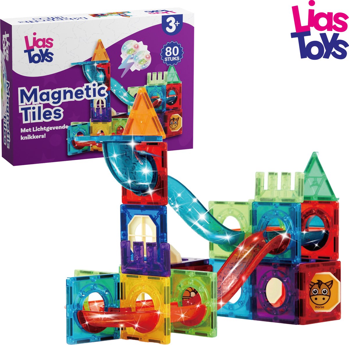 LiasToys® - Magnetisch speelgoed - Magnetische blokken - Magnetic tiles - 80stuks - Knikkerbaan - Montessori speelgoed - Magnetische Bouwstenen - Lichtgevende knikkers