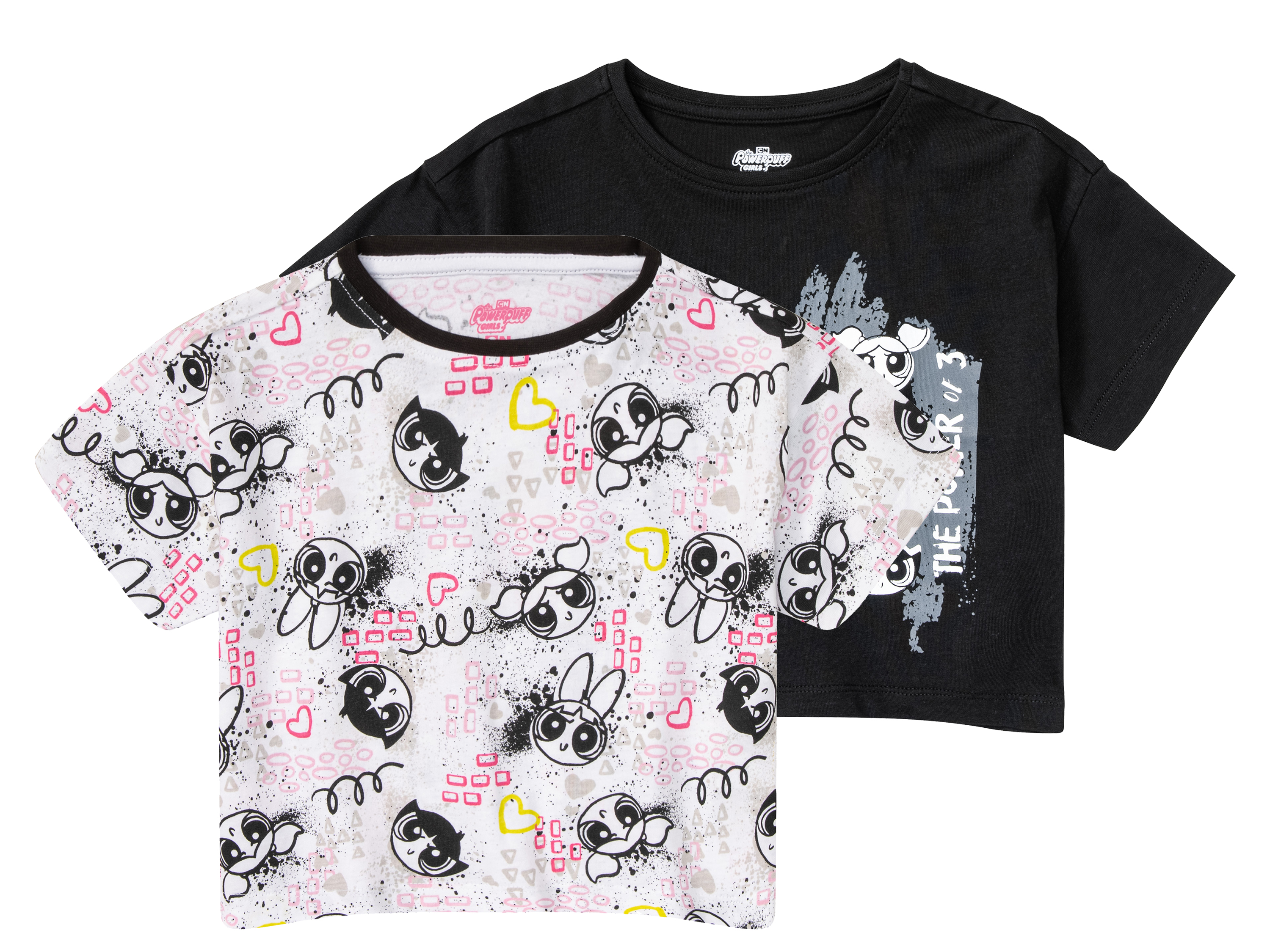 2 kinderen T-shirts (Powerpuff Girls zwart/wit, 110/116)
