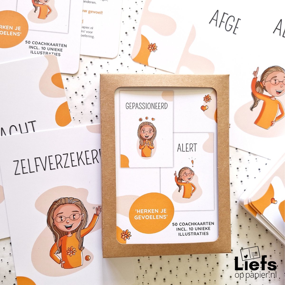 Coachkaarten Herken je gevoelens - illustratie dame / vrouw / tiener versie - werkvorm - Liefs op papier