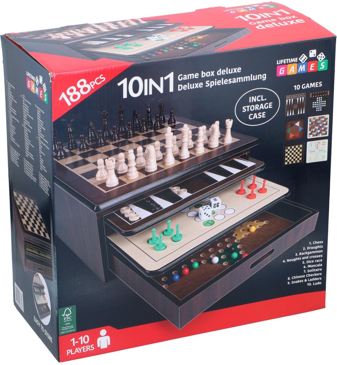 Spellendoos deluxe hout 10-in-1 32,5x32,5x15cm