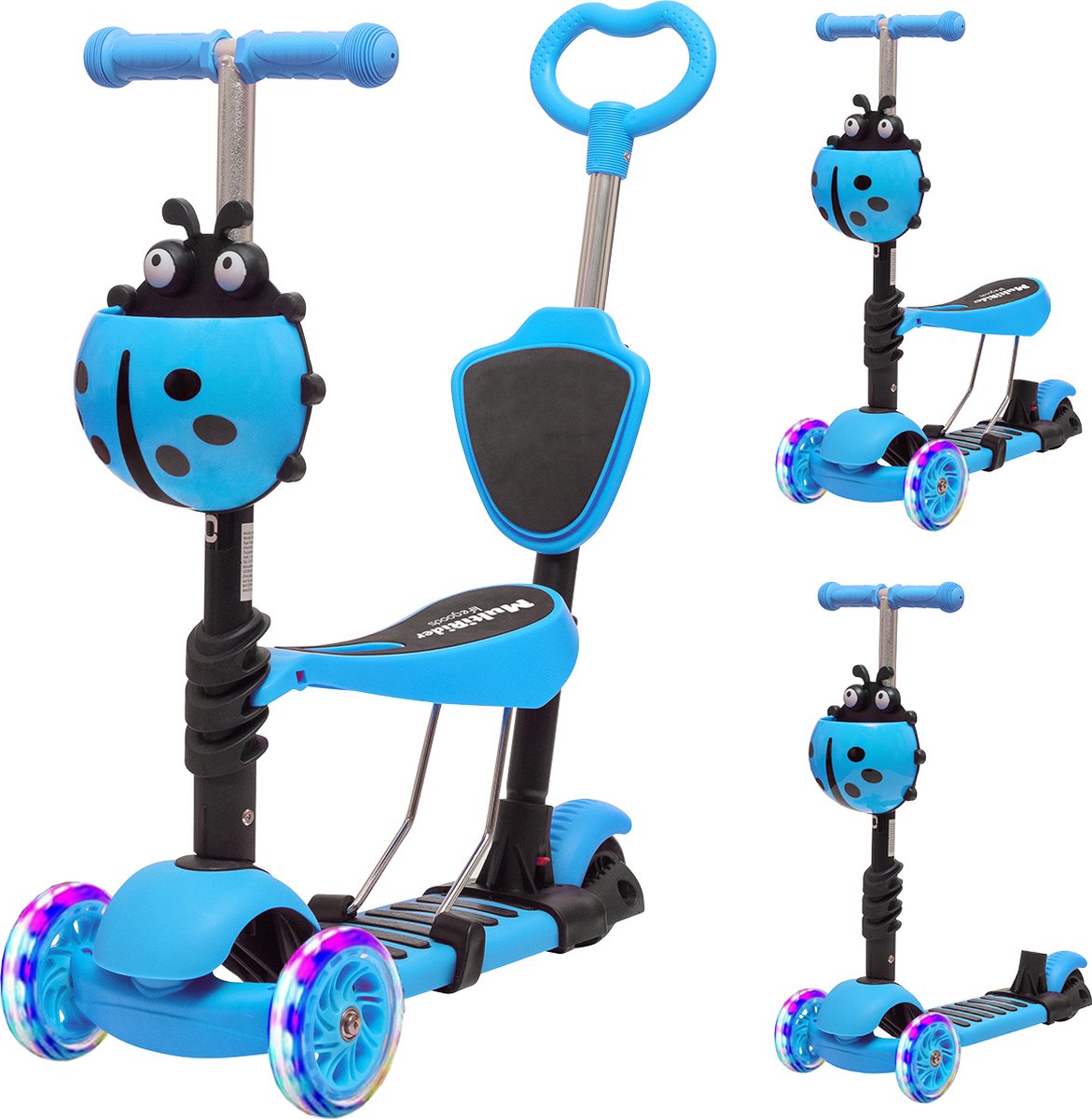 LifeGoods MultiRider - Kinderstep met Duwstang - 3 tot 8 Jaar - Hoogte Verstelbaar - Jongens/Meisjes - Lichtgevende LED Wielen - Blauw