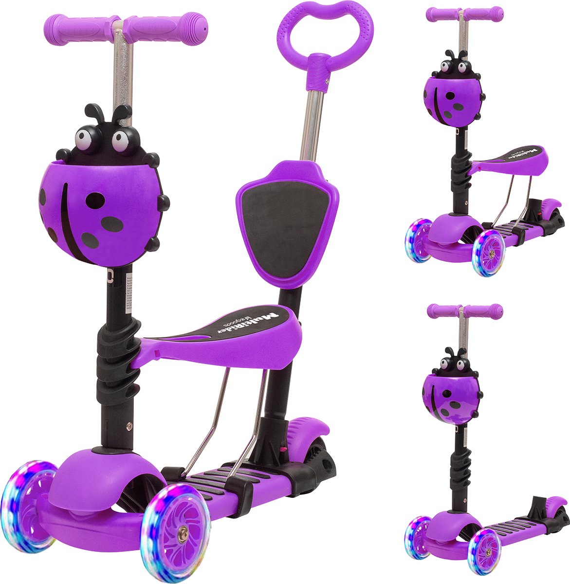 LifeGoods MultiRider - Kinderstep met Duwstang - 3 tot 8 Jaar - Hoogte Verstelbaar - Jongens/Meisjes - Lichtgevende LED Wielen - Paars