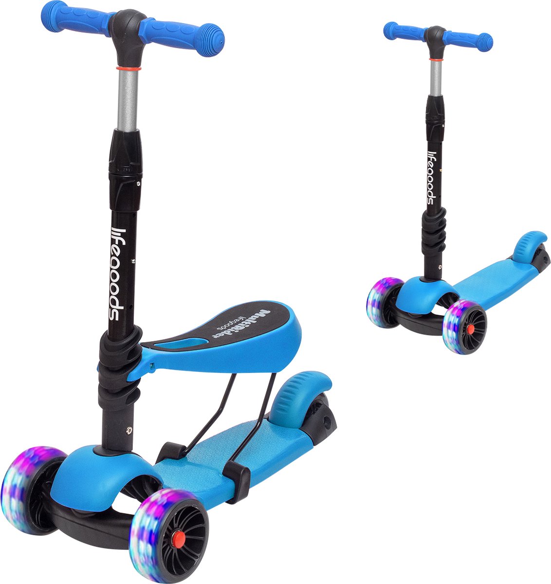 LifeGoods MultiRider Kinderstep - Step 3-8 Jaar - Hoogte Verstelbaar Zitje - Lichtgevende LED Wielen - Jongens/Meisjes - Blauw