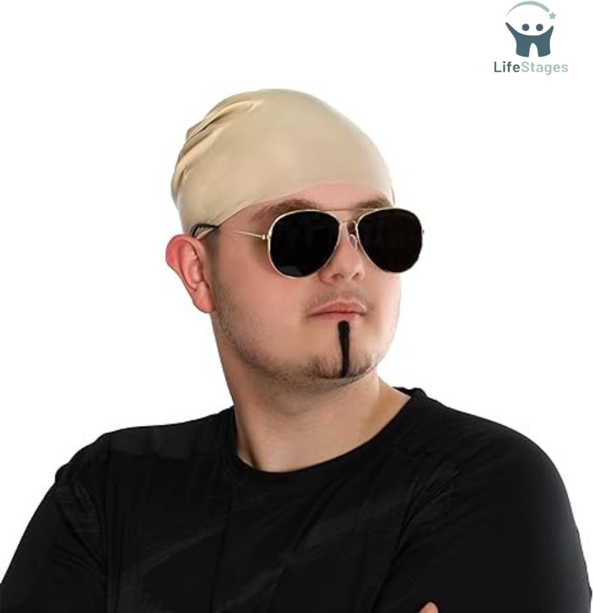 LifeStages - Bald Cap - Nude Latex Kale Pet - Zwarte Zonnebril - Zwarte Soul Patch - Heren Dames Muziek Icoon Beroemde Beroemdheid Fancy Dress Kostuum Accessoires Set