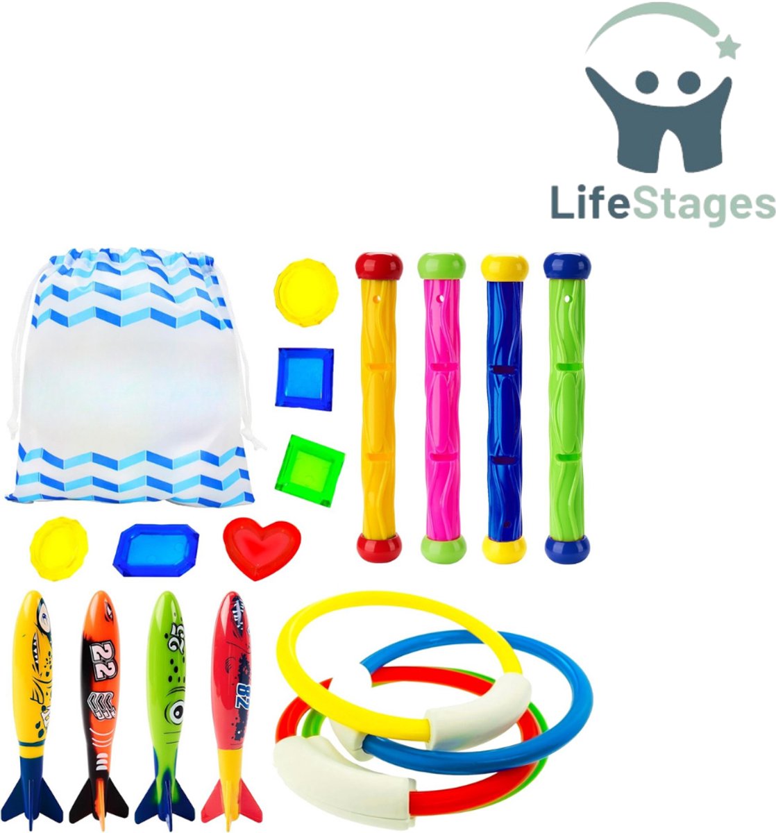 LifeStages - Duikspeelgoed - Onderwater Zwembad/Duikbad Speelgoed Set Bundel - 4 Stuks Speelgoedringen, 4 Stuks Duikstokken, 4 Stuks Bandieten, - met Onderwater Schatten - Cadeau Set Bundel
