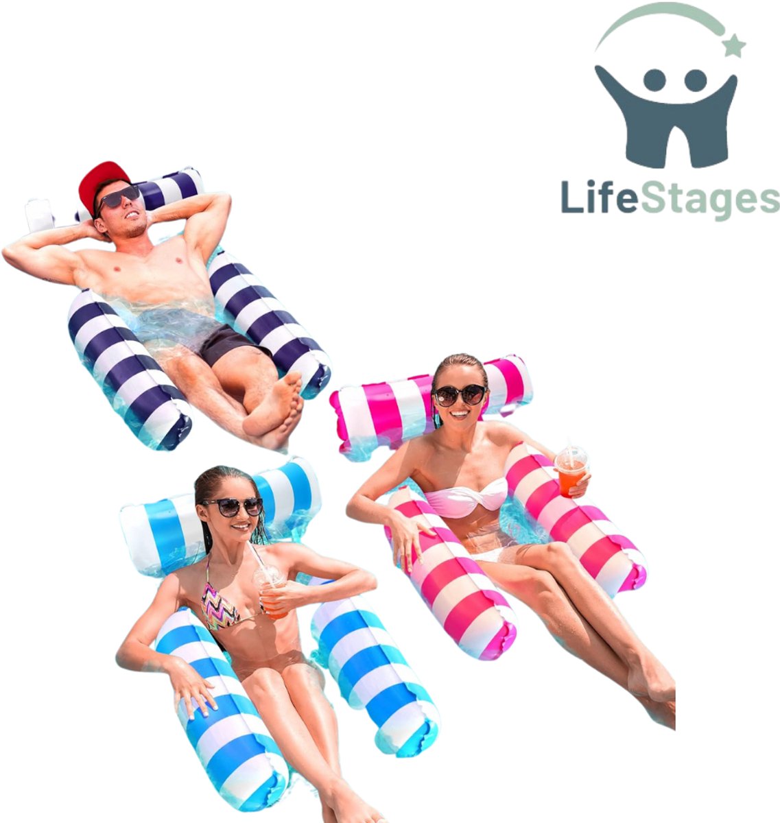 LifeStages - Floaties voor in Het Zwembad - Zwembad-Drijvende Waterhangmat - Zwembad-Drijvende Stoel - 4-in-1 Opblaasbare Hangmat - Waterbank - Zwemhangmat voor Volwassenen en Kinderen
