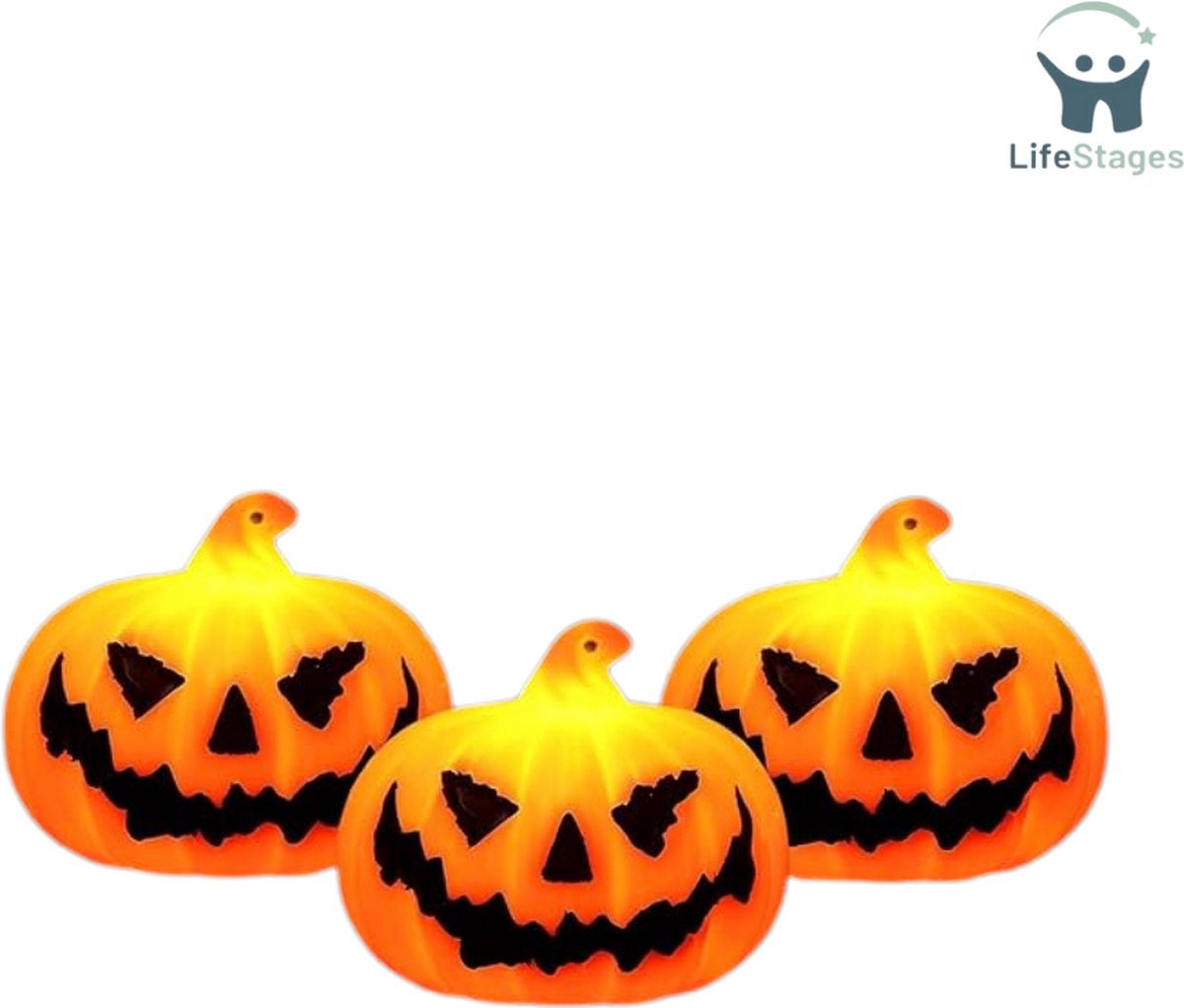 LifeStages - Halloween pompoen licht en geluid - 3 Stuks Halloween-lantaarns - Pompoenverlichting - Herfstdecoratie - Pompoen met LED-licht - Halloween-decoratie - Lichtgevende Halloween-pompoenlantaarn en Decoratie