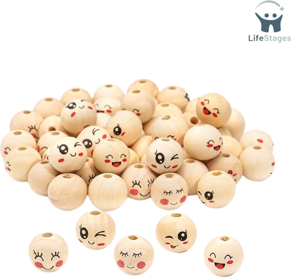 LifeStages - Houten Kralen met Gezichtje - Houten Kralen met Gezicht - 20 cm Houten Kralen met Gat - Houten Kralen om te Rijgen - Houten Koppen voor Zorgenworm - Natuurlijke Ronde Houten Kralen voor Doe-het-zelf Knutselwerk - 100 Stuks