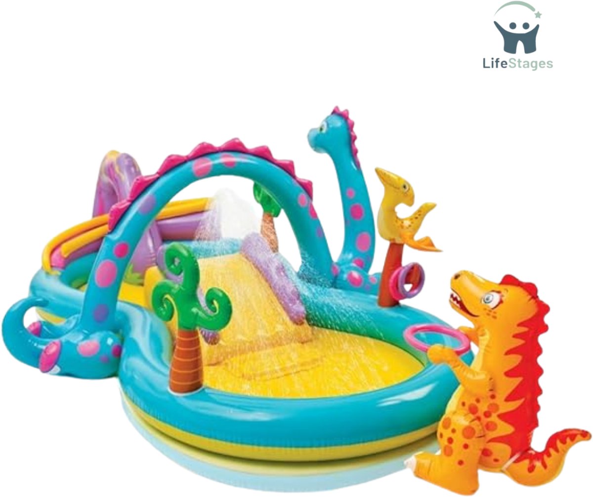 LifeStages - Kinderzwembad Met Glijbaan - Speelcentrum Dinoland - Opblaasbaar Spel Met Zwembad En Glijbaan